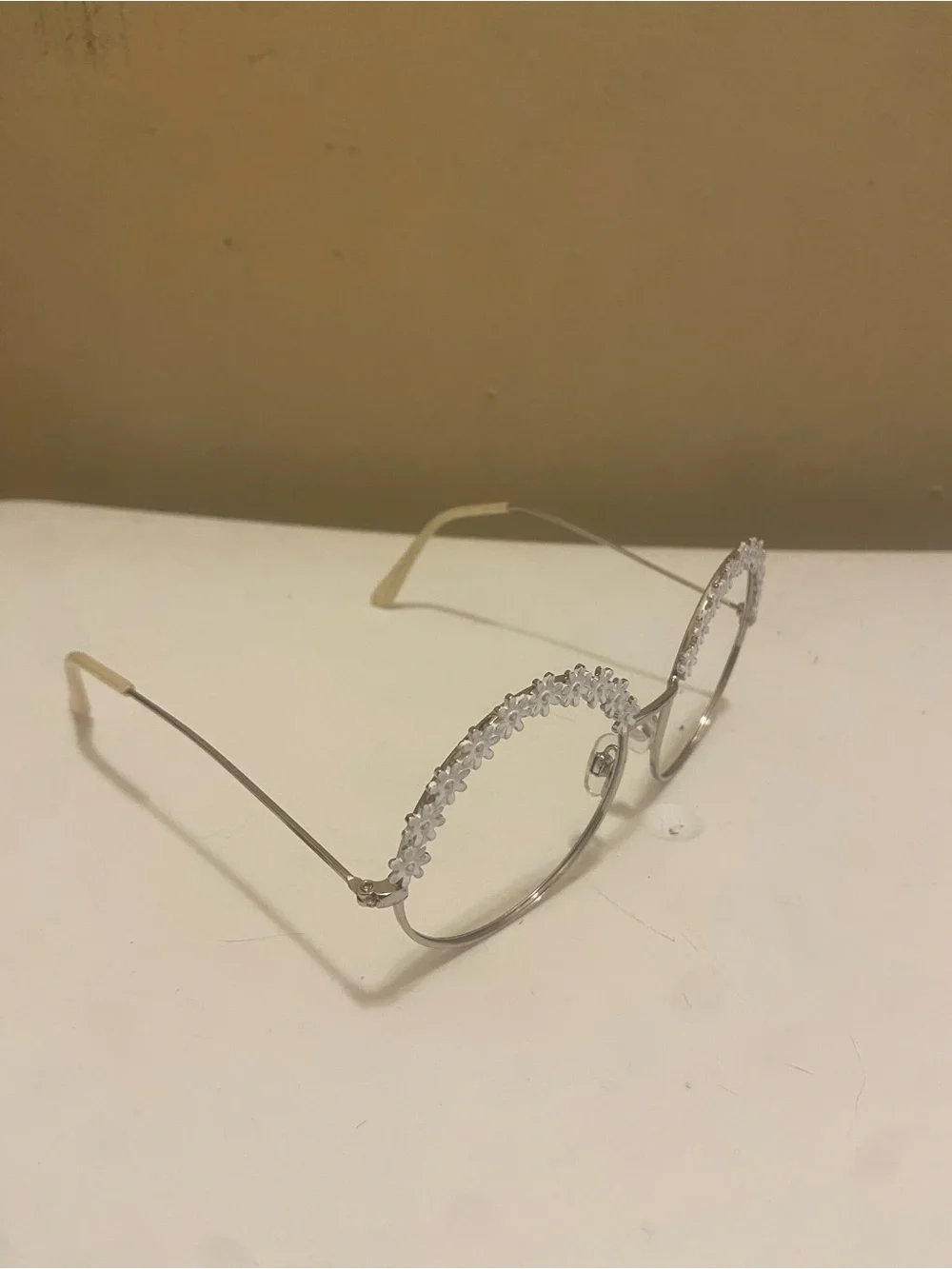 70s Festival Boho Whimsy Silver Round Glasses with White Floral Rim - NO LENSES